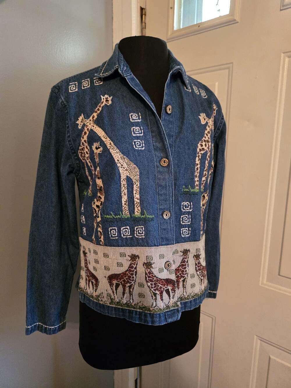 Vtg Giraffe Embroidered Dressbarn Denim Button Up Shirt Safari Animal Print S